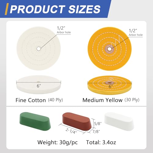 Image of SCOTTCHEN 6inch Buffing Polishing Wheels 1 /2 inch Arbor Hole,Fine (40Ply) / Medium (30Ply) for Bench Grinder,with Buffing Polishing Cutting Compound 3.4 Oz.Kit
