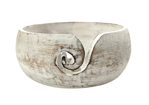 Image of Handmade Acacia Wood Yarn Bowl - Large Knitting & Crochet Holder for Tangle-Free Crafting - 6.5 inch x 3 inch (Antique White) - Gift for Knitters & Crocheters