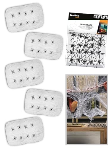 Funidelia | 5 telarañas de 250gr y arañas ▶ Animales, Halloween, Terror - Decoración para fiestas de cumpleaños, fiestas de disfraces, Halloween y Carnaval - Blanco