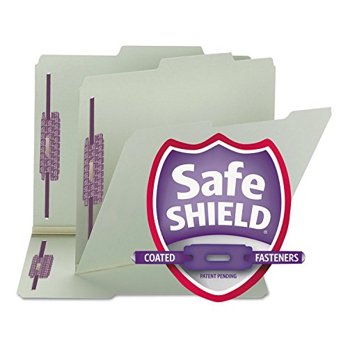 Smead Pressboard Fastener File Folder with SafeSHIELD Fasteners, 2 Fasteners, 2/5-Cut Tab Right of Center Position, Guide Height, 1" Expansion, Letter Size, Gray/Green, 25 per Box (14980)