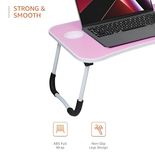Image of Amazon Basics Engineered Wood Foldable Laptop Table with Cup Holder, Tablet Groove and Mini Drawer (60L x 40W x 26H cm, Pink)