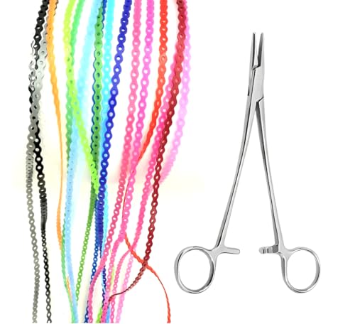 DIY Braces Power Chain Kit - 20Pcs (8.6In/pc) Multi-Color Elastic Rubber Bands Orthodontic Chains with Mathew Plier