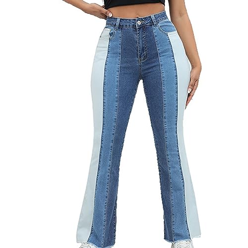 HGps8w Women's Chic Color Block Jeans, Casual High Waisted Straight Leg Stretchy Denim Pants with Pockets