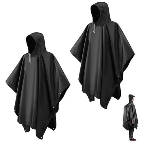 Regenponcho Wasserdicht Regenjacke 2 Stück für Herren Damen, Eva Leicht Regencape Regenschutz Wiederverwendbarer mit Kapuze für Festivals, Camping, Wandern, Reisen, Schwarz