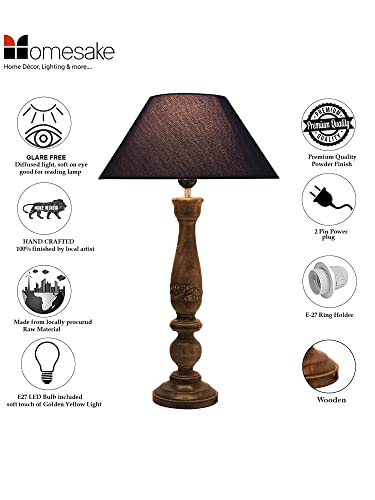 Image of Homesake Handcrafted Wooden Table Lamp for Bedroom & Living Room | Decorative Bedside Reading Lamp with Fabric Shade, E27 Holder | Bulb Included | Black Floral Carved Base for Home Decor, Blue Cone