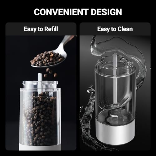Image of ThermoMaven 110ml Rechargeable Electric Salt and Pepper Grinder Set - 6 Adjustable Coarseness, Washable Parts, Built - in LED for Easy and Accurate Grinding, 2 Packs, Pearly White