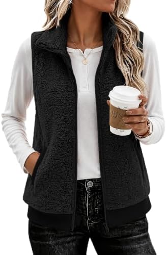 Rapbin Damen Teddy Fleece Weste Teddyjacke Stehkragen Ärmellos Warm Taschen