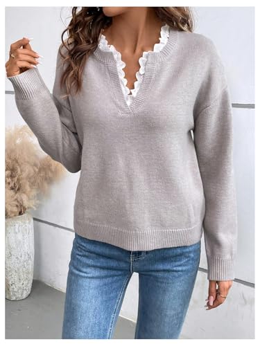 SOLY HUX Women's Long Sleeve Sweater Lace Trim Notched V Neck Knit Pullover Tops Casual Trendy Sweaters3