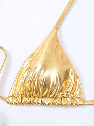 Falainetee Conjunto de biquíni feminino metálico brilhante, cintura alta, triângulo e laço lateral,