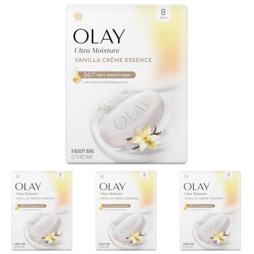 Olay Beauty Bar, Ultra Moisture,10x More Moisturizers, 24/7 Soft &amp; Smooth Skin, Gentle Cleanse on Face &amp; Body, Vitamin B3 Complex, For All Skin Types, Vanilla Crème Scent, 3.75 Ounce (Pack of 32)
