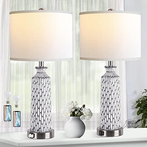 Table Lamp for Living Room with Touch Control,3-Way Dimmable Bedside Lamps for Bedroom Set of 2 with USB Ports, 26" Modern Farmhouse Coastal Whitewash Gray Resin Nightstand Lamp(with 2700K LED Bulbs)