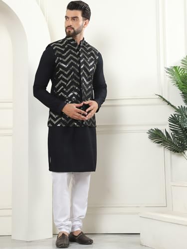 Image of SOJANYA (Since 1958 Men's Pure Cotton Kurta and White Pyjama with Sequins Nehru Jacket