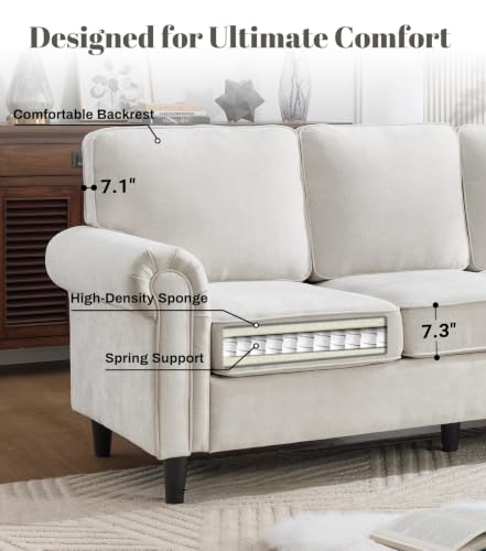 Image of Kingfun 3 Seater Couch, Mid Century Modern Sofa with Rolled Arms and Deep Seats, Fluffy Comfort for Living Room, Apartment, Easy Assembly, Beige