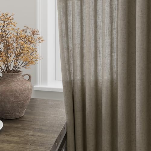 Image of Mocha Linen Curtains 90 Inch Length 2 Panels Set for Living Room Rod Pocket Back Tab Window Drapes Light Filtering Modern Farmhouse Curtain 90 Inches Long for Dining Room Bedroom Nursery 52x90