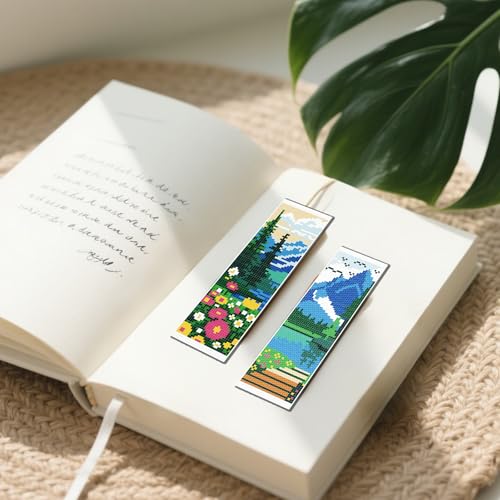 Image of FREEBLOSS 6 Set Cross Stitch Bookmarks Kit Mountains&Rivers Stamped Cross Stitch Kit DIY Embroidery Bookmark Set with Instruction for Adults Beginners Gift for Reading Enthusiasts 8 * 2.4inch 11CT