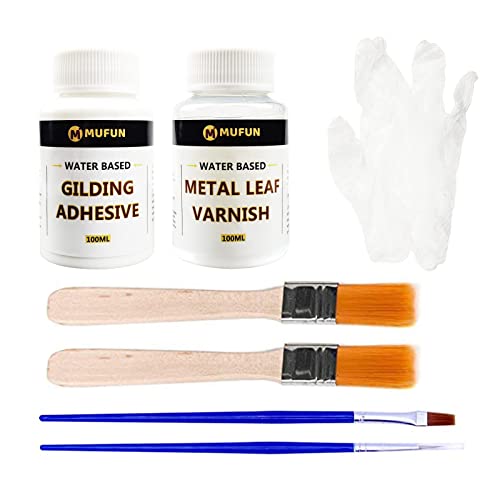 MUFUN Gold Leaf Adhesive Gilding Set, 100ml Water Based Metal Leaf Gilding Adhesive and 100ml Metal Leaf Varnish, for Gold Leaf, Craft, Glass, Wood Use(200ml + 2 Brush + 2 Small Brush + 2 Gloves)