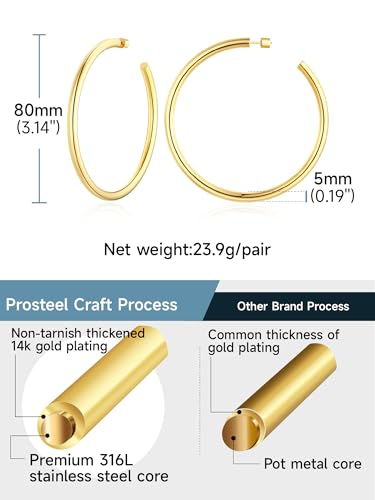 Image of Stainless Steel Chunky Hoop Earrings For Women, Minimalist and Chic, Black /Gold Plated, Round Hoops Earrings Hypoallergenic, Size: 30mm /40mm /60mm /80mm, Come with Box