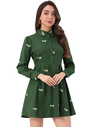 Image of Allegra K Women's Shirt Dress A Line Embroidered Floral Mini Dresses | Casual, Collar, Long Sleeve, Button Down, Half Placket, Invisible Zipper, Knee Length