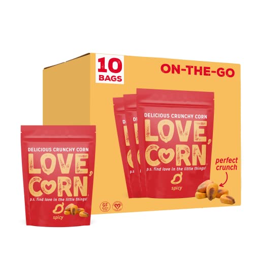 Love Corn Hot & Spicy 1.6Oz X 10 Bags - Delicious Crunchy Corn - Healthy Family Snacks - Gluten Free, Kosher, Non-Gmo - Alternative For Chips, Nuts, Crackers & Pretzels - Perfect For Charcuterie Boards #TOP12