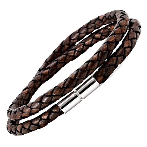 Image of CMJ London Mens Leather Bracelet With Sterling Silver Twist Clasp-5mm Thick Braided leather-Double Wrap Bracelet-Antique dark Brown