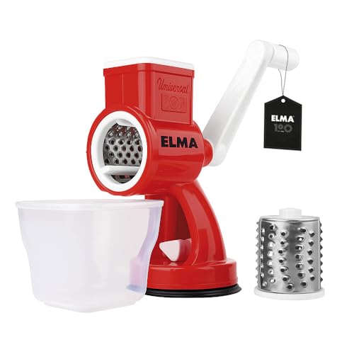 ELMA Ralladora Manual Italiana con Ventosa Antideslizante, Cuchillas de Acero Inox y Rodillos de Nylon 66 | Diseño Ergonómico, Libre de BPA | Ideal para Queso, Verduras, Frutos Secos y Chocolate