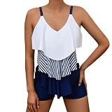 Tankini Mujer Tallas Grandes Bañador con Pierna Conjunto de Traje de baño conservadora con división Degradado y Volantes en Contraste para Mujer Bañador Pantalon Bañadores Talla (Azul L)