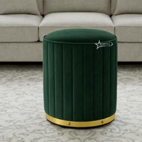Image of Upholstered Round Linen Strip Stool Living Room Foot Rest Office Stool Pouf Ottoman Padded Seat - Green