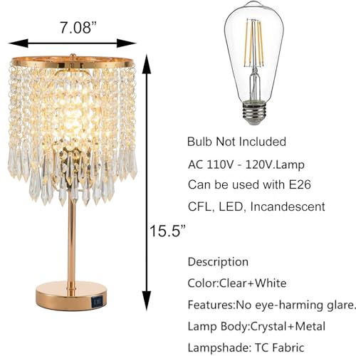 Lámparas de mesa de cristal doradas con 2 puertos USB miniatura 2