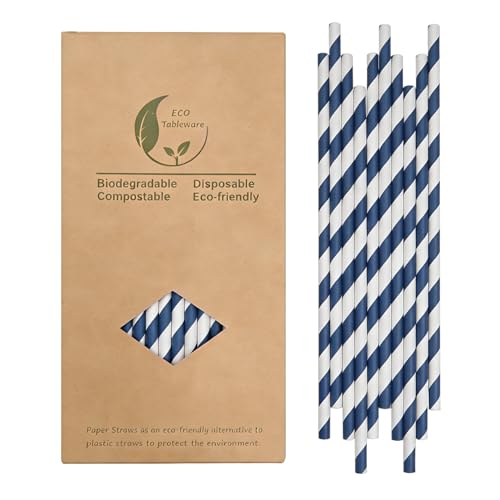 pailles en papier rayées bleues pour boire 19,7 cm, 100 pièces pailles bleu et blanc jetables - pour les fêtes, mariages et occasions