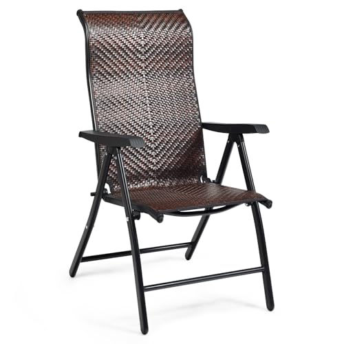 COSTWAY Set of 1/2 Patio Rattan Folding Chair, 5-Position Adjustable Outdoor Wicker Dining Seat with Widened Armrest,High Backrest and Anti-slip Pads for Garden Picnic Camping (1)