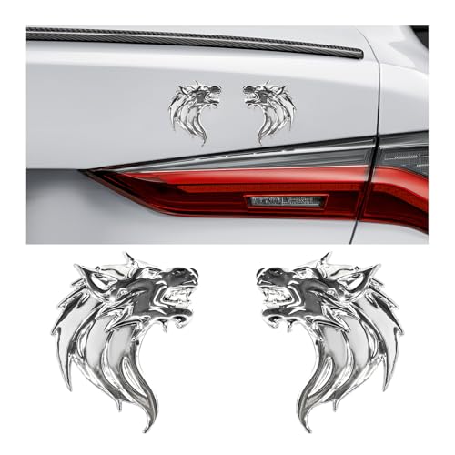 Image of 2 PCS 3D Wolf Head Metal Emblem, Car Side Fender Rear Wolf Head Emblem Badge Self Adhesive Stickers, Pair Metal Badge Decal for Car Motorcycles Truck SUV, Car Accessories (Silver)