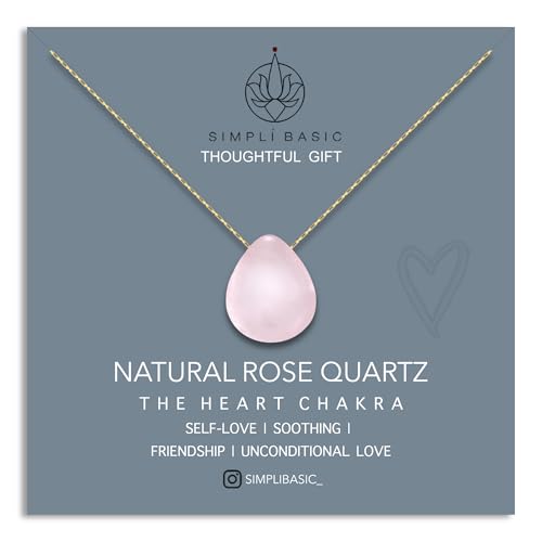 SIMPLÍ BASIC 18k Gold Plated Teardrop Rose Quartz Pendant Necklace/Gold Jewellery for Women/Natural Healing Stone Charm/Presented in Gift Box