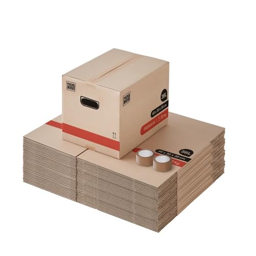 Pack and Move - Lot 40 Cartons Déménagement Livres Premium - 40 X 30 X 30 Cm - Extrême Résistance 20 KG - Poignées Renforcées - 2 Adhésifs Offerts