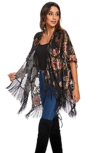 Image of MJ SERECA Women's Burnout Velvet Kimono Cardigan Cover Up with Tassel