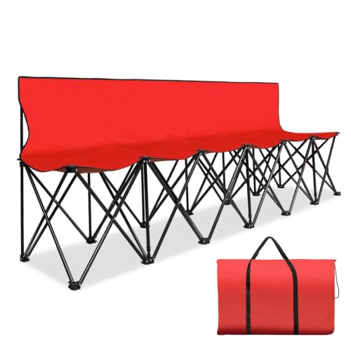 Flexzion Soccer Bench, 6 Seat Folding Bench with Backrest and Bag, Red