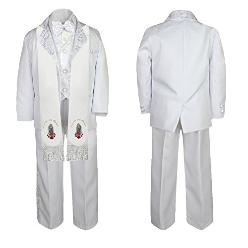 Image of Baby Boy Teen Christening White Paisley Suit Gold Guadalupe Mary on Stole SM-20
