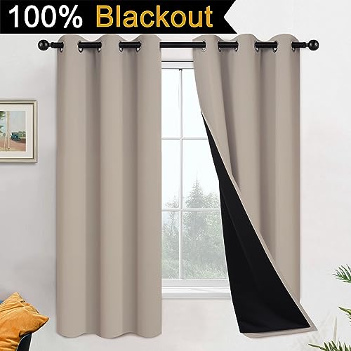 Image of Yakamok Natural Blackout Curtains 63 Inches Long for Bedroom 42 inch Wide 2 PCS | Blackout Curtain Panels for Bedroom, 2 Thick Layers Grommet Top Thermal Insulated Drapes with Black Liner for Living Room