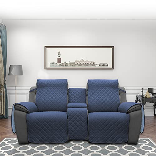 Image of Easy-Going Loveseat Recliner Cover with Console, Reversible Couch Cover for Living Room, Split Sofa Cover for Each Seat with Elastic Straps for Kids, Dogs, Pets(2 Seater, Dark Blue /Light Blue)
