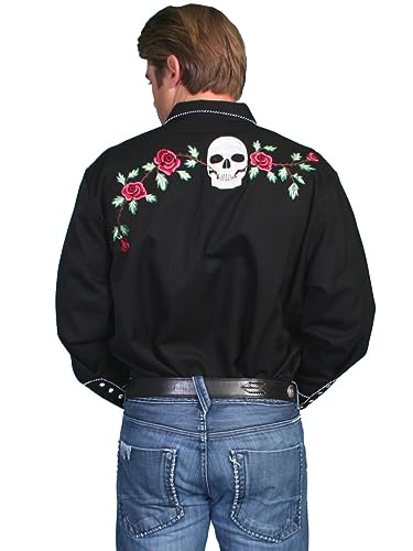 Scully Black Skull/Roses Emboidery Men's Long Sleeve Snap Shirt P-7712