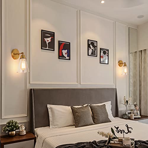 Image of MWZ Gold Wall Sconce Set of 2,Modern Brushed Brass Sconces Lighting with Clear Glass Shade,Bathroom Light Fixtures Over Mirror,Vanity Lights Over Sink,Indoor Wall Mount Adjustable Angle Lamp