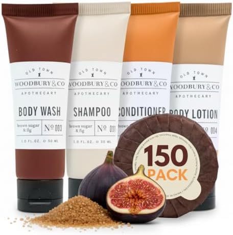 WOODBURY & CO Hotel Shampoo and Conditioner Supplies For Guests,Airbnb Essentials for Hosts,Mini Shampoo And Conditioner Sets,Travel Size Toiletries,Air Bnb Kit For Bathroom Body Wash Lotion,(150 Pcs)