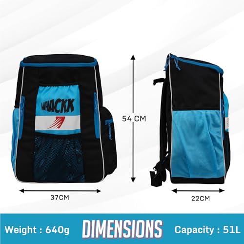 Image of WHACKK Villiers Junior Cricket Kit Bag Blue Black|51L Capacity with Bat Pocket, Mesh Pocket, Multiple Compartments & Easy Carry Design