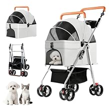 YYW Pet Stroller for Small Dogs & Cats, 3 in 1 Foldable Kittens Puppies Travel Strolling Cart with Removable Carrier, Cup Holder, Storage Basket & Lockable WheelsGray