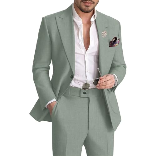 Mens Suit 2 Piece Linen Suits for Men Slim Fit Casual Summer Beach Wedding Groom Tuxedos Blazer Pants Set