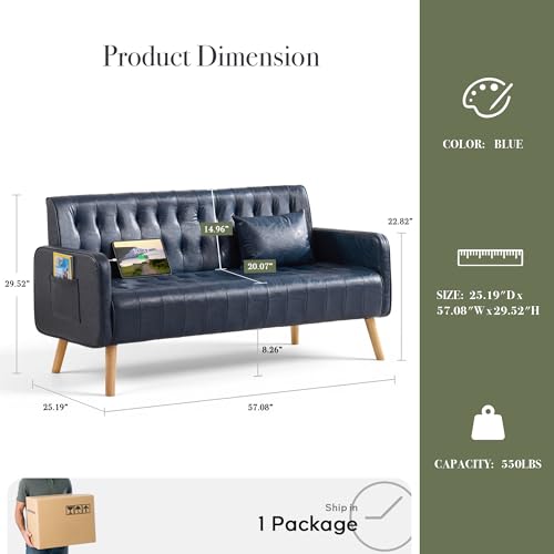 CHYMSUN Blue Leather Loveseat and Accent Chair Set of 2, Tufted Mini Sofa Couch w/USB Charging & Pockets, Mid-Century Modern Office Love Seat and Chair Set, 3 Pieces Living Room Furniture Set