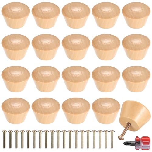 Heozhuyi 20 Pcs Wooden Door Knobs Handles, 38mm Wooden Round Kitchen Furniture Drawer Cupboard Wardrobe Cabinet Door Pulls Knobs Handles, with Screws and Mini Screwdriver (38X26MM)