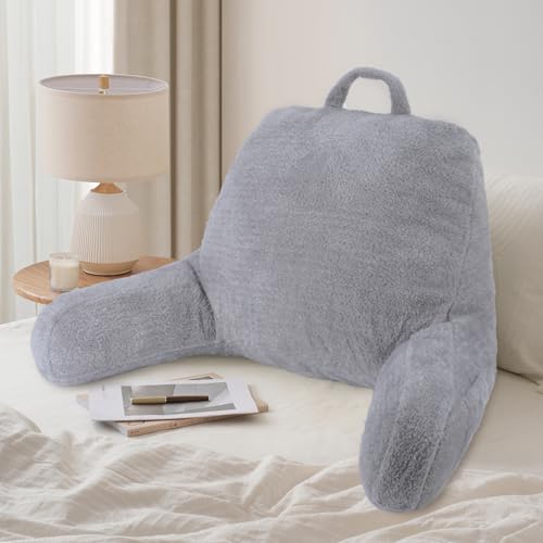 Image of Blissful Diary Plush Velvet Reading Pillow for Kids /Teens /Adults, Back Rest Pillow for Sitting Up in Bed with Shredded Memory Foam, Includes Arms and Washable Cover, Light Gray