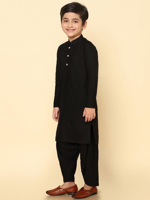 Kisah Boy's Kurta Patiala Set, Black Cotton Blend, Solid Long Sleeves Regular Fit Mandarin Collar (9-10 Years)