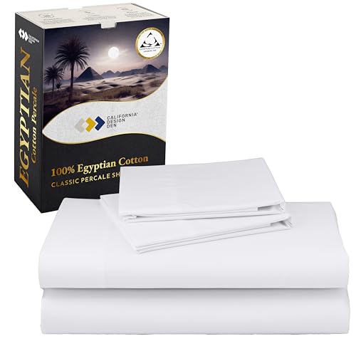 California Design Den Certified 100% Egyptian Cotton Sheets King Size Deep Pocket Set - King Percale Sheet Set with Deep Pockets, Lightweight, Crisp, Cool & Durable Luxury Bedding - White