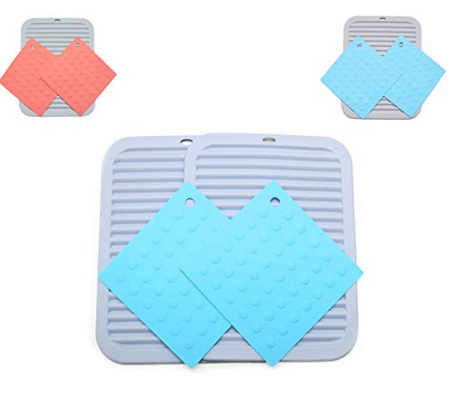 Hot Pads and Trivets Pack of 4 -Two Large Mats and Two Small Hot Pads, Blue and Lavender Grey